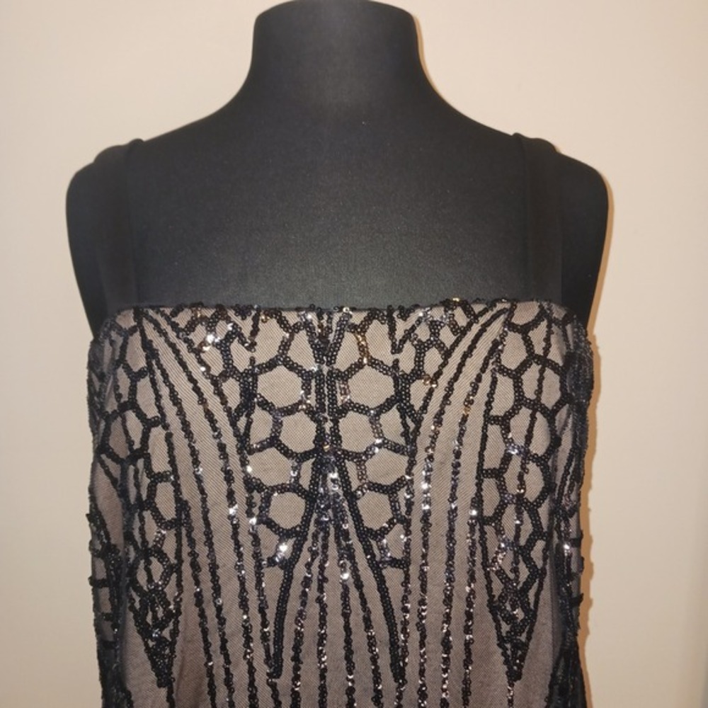 R&M Richards Petite Black Sequin Bling Art Deco Mesh Cocktail Dress 12P - Picture 2 of 9